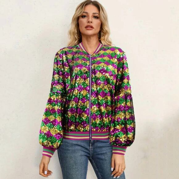 NEW Sequin Bomber Jacket M Mardi Gras New Orleans Purple Green Gold Glitter Rave - Picture 1 of 6